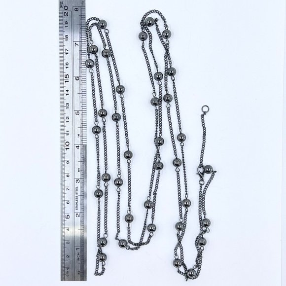 Simple Single Strand Gunmetal Tone Metal Bead & Chain 68” Necklace - Picture 6 of 6
